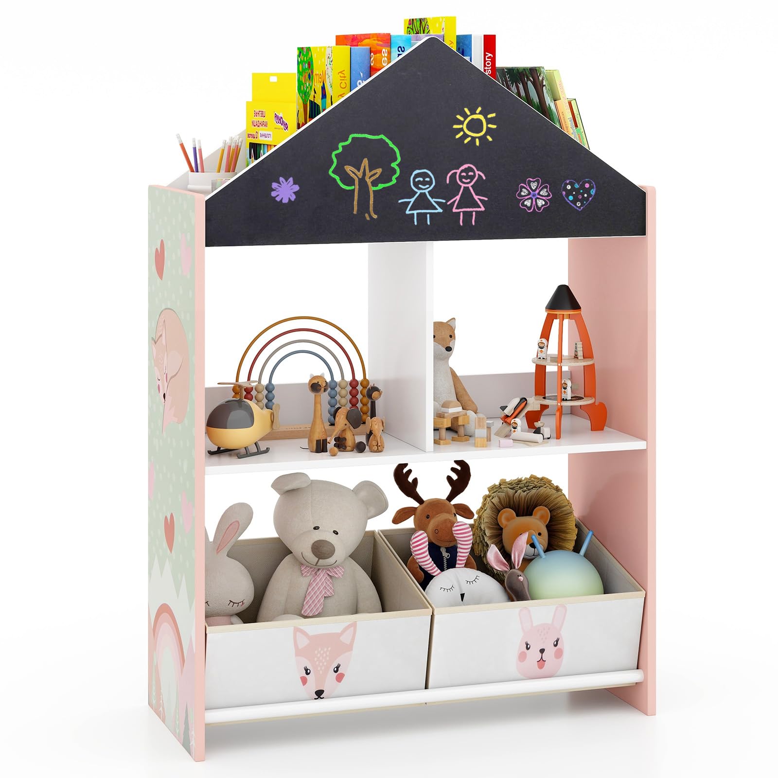 Bookshelf, Wooden Dollhouse Bookcase with Blackboard, Whiteboard, Toddler Book Shelf with Cubby & 2 Fabric Bins, Toy Storage Organizer for Kids Room, Playroom, Nursery (Pink)