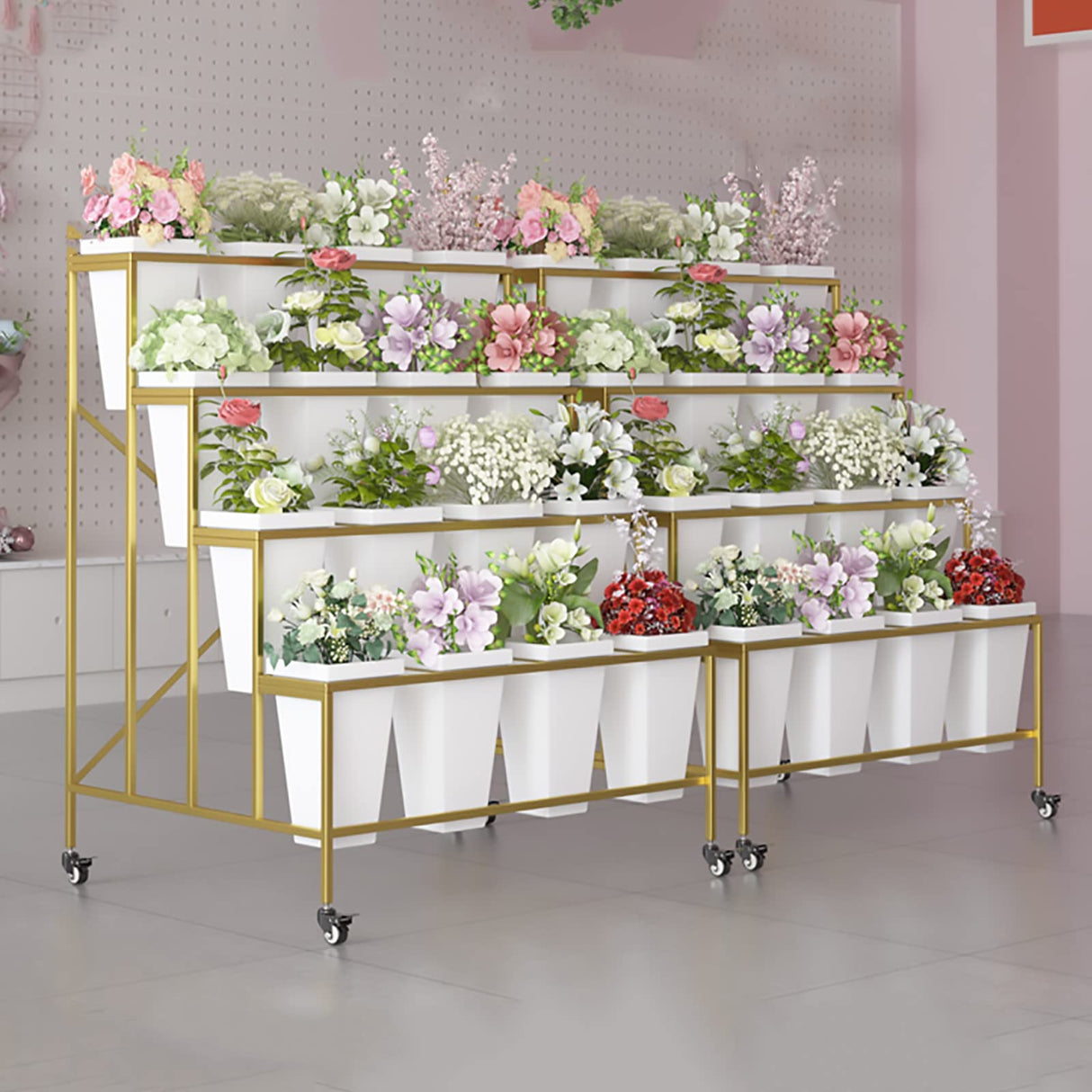 Flower Display Stand With 12PCS Buckets, 3 Layers Metal Plant Stand with Wheels