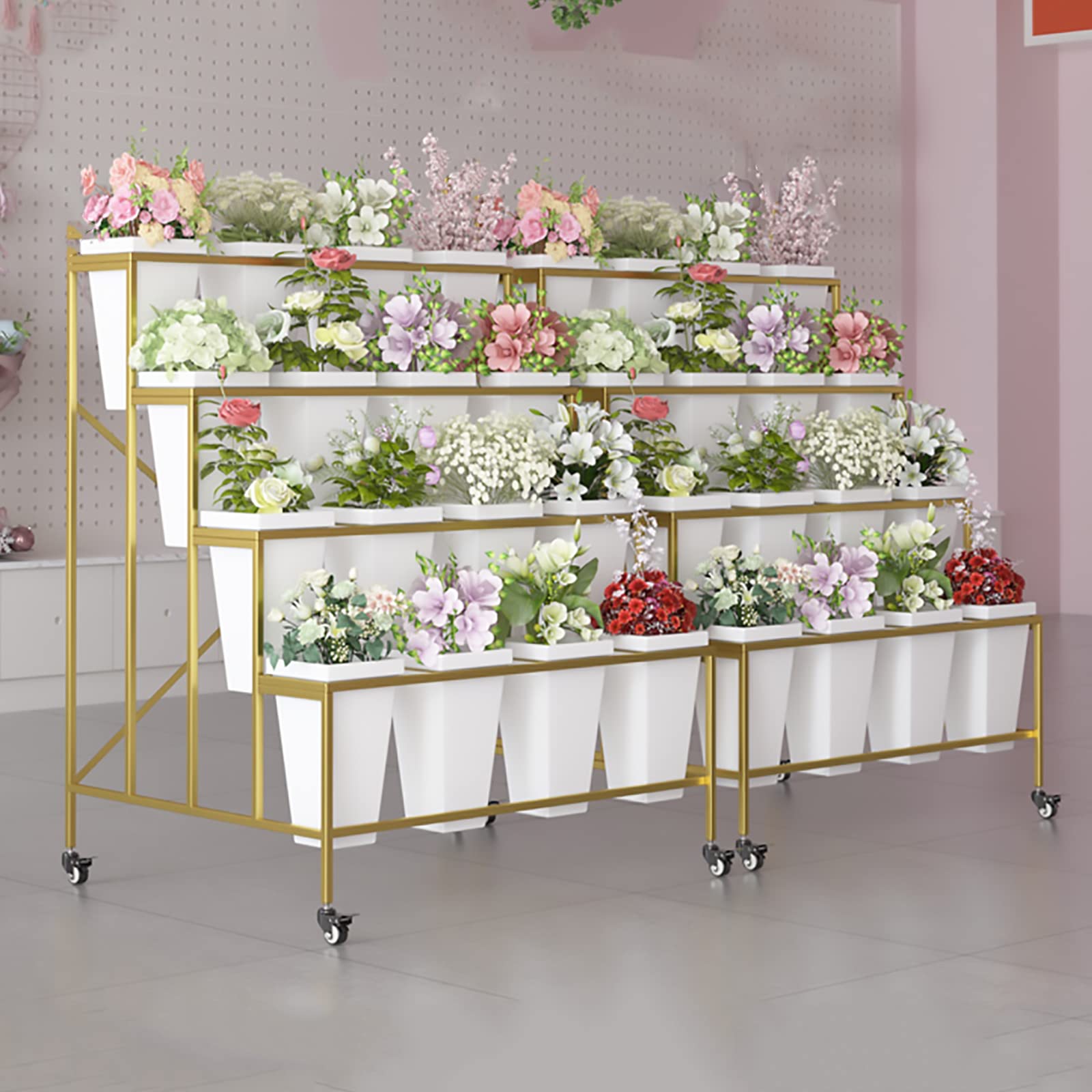 Flower Display Stand With 12PCS Buckets, 3 Layers Metal Plant Stand with Wheels