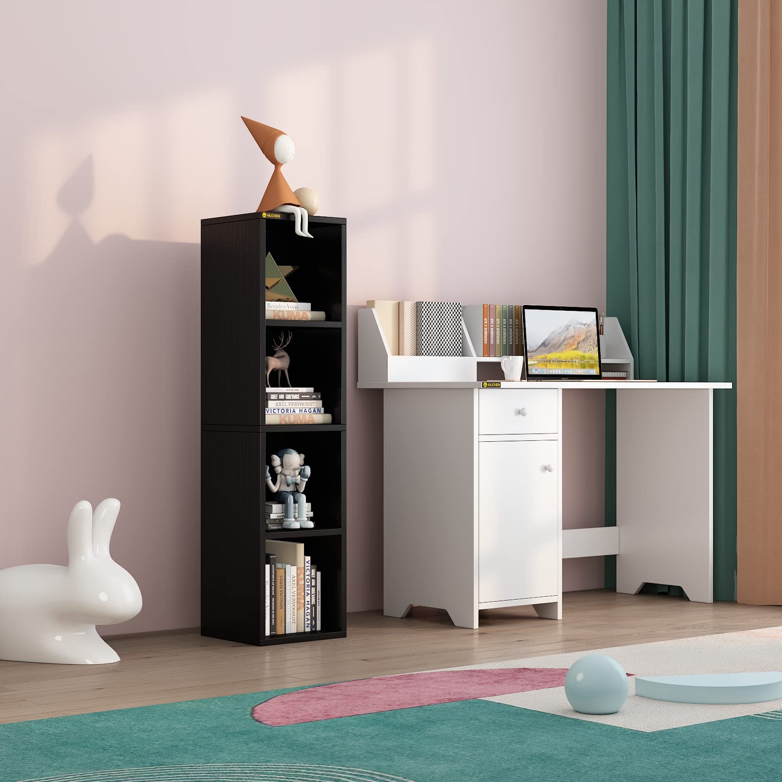 4 Cube Small Bookshelf, Narrow Storage Organizer Shelf, Wooden Corner Bookcase,