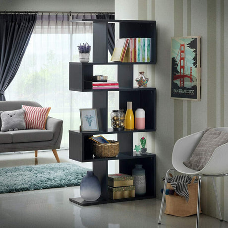 5-Tier Geometric Bookshelf Black, 70" Tall Wood Freestanding Decorative Display Open Shelves