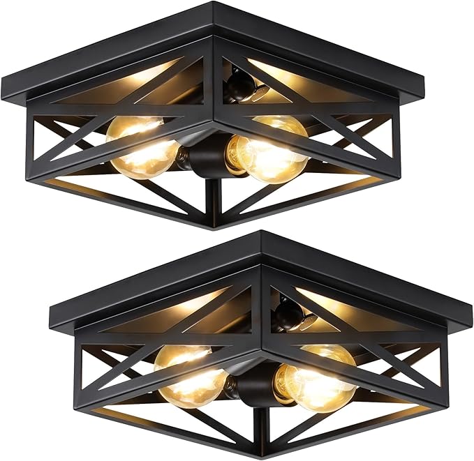 Black Rustic Metal Flush Mount Ceiling Light Fixture, 2-Light Industrial Farmhouse Hallway