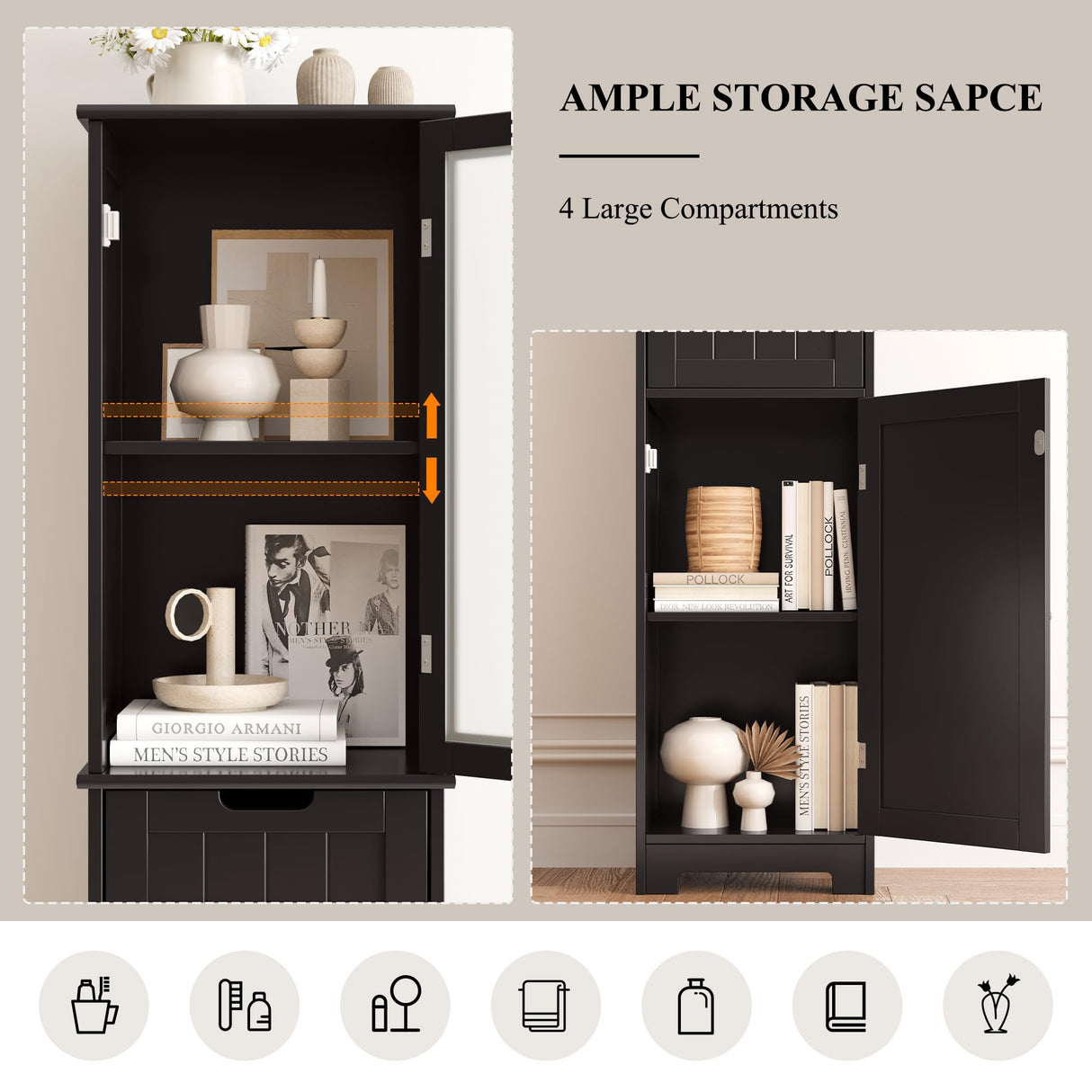 67" Tall Bathroom Cabinet, Narrow Storage Cabinet, Freestanding Linen Cabinet with Doors and Adjustable Shelf,