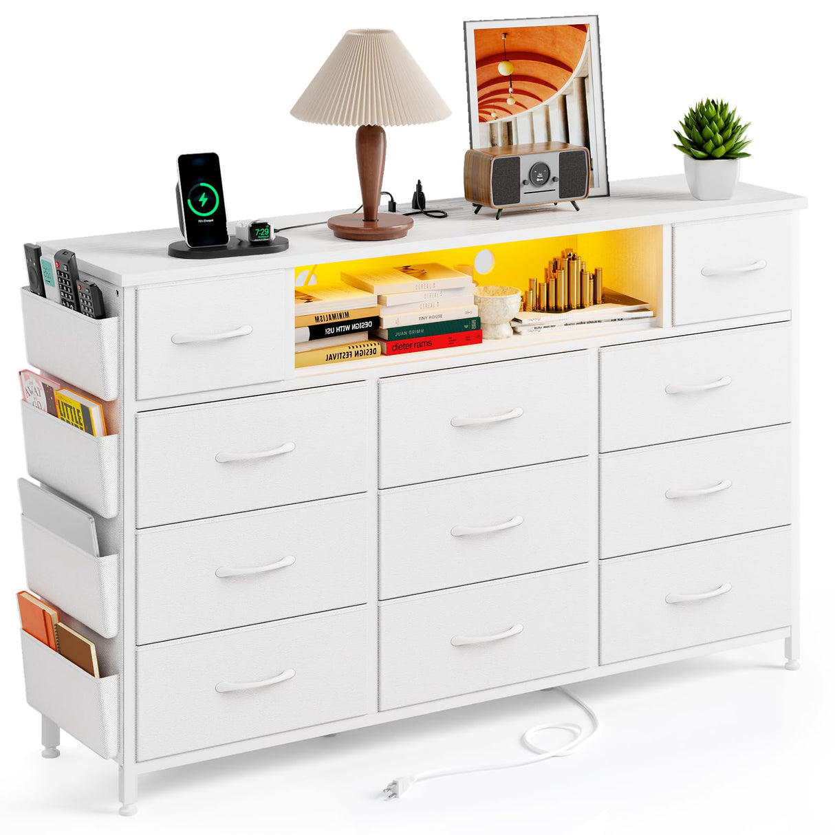 White Dresser with Power Outlets and LED Lights 11 Drawers with Side Pocket for Bedroom,