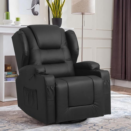 Swivel Rocker Recliner Nursery Rocking Chairs 360 Degree, Manual Glider Recliner Chairs for Living Room,Upholstered Swivel Single Sofa Seat with Cup Holders, Side Pockets, Pillow, Leather