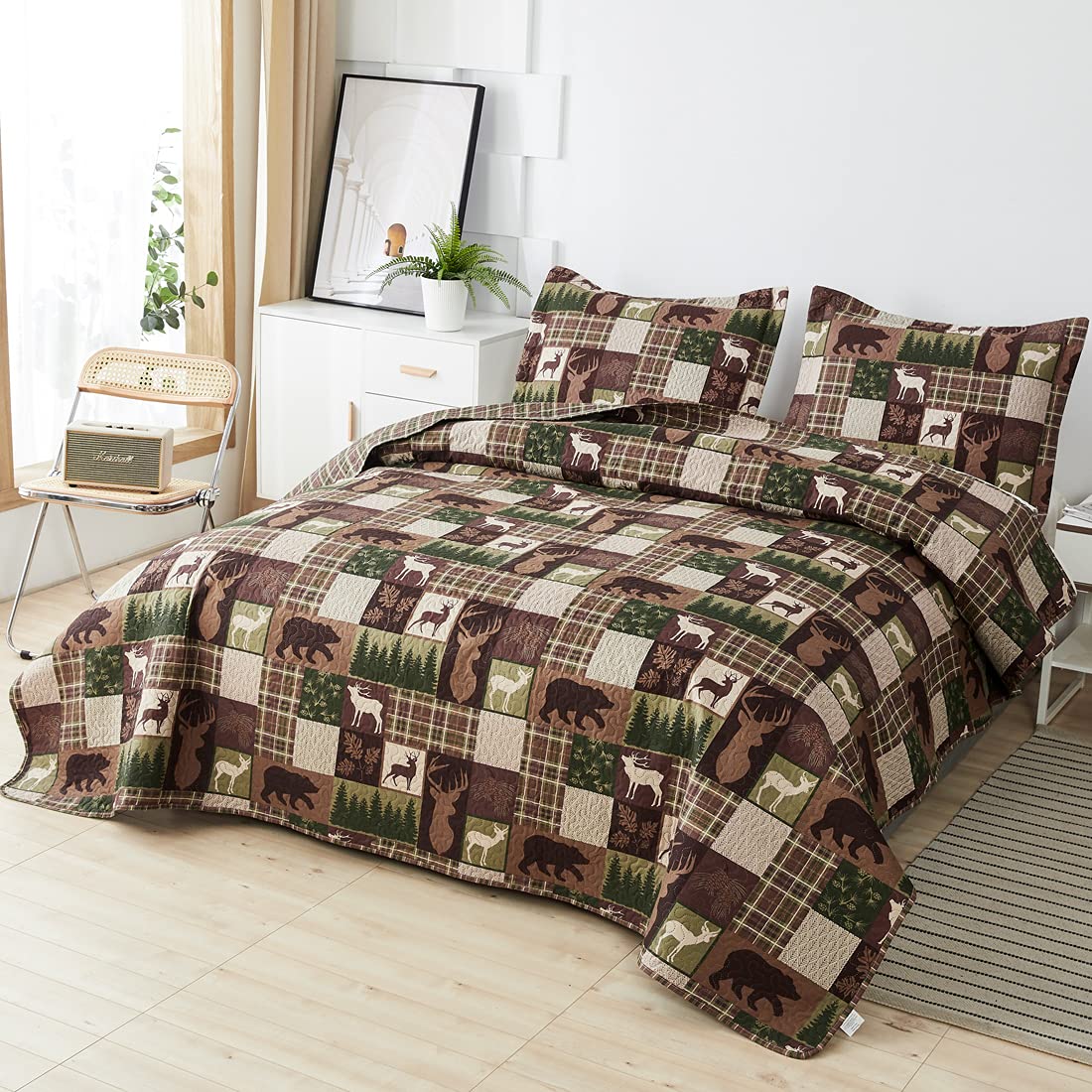 Reversible Lodge Plaid Bedding Moose Bear Quilt Full/Queen Size Rustic Bedspread Cabin