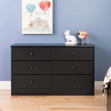 Astrid 6 Drawer Double Dresser For Bedroom, 16" D x 47.25" W x 28.25" H, Black