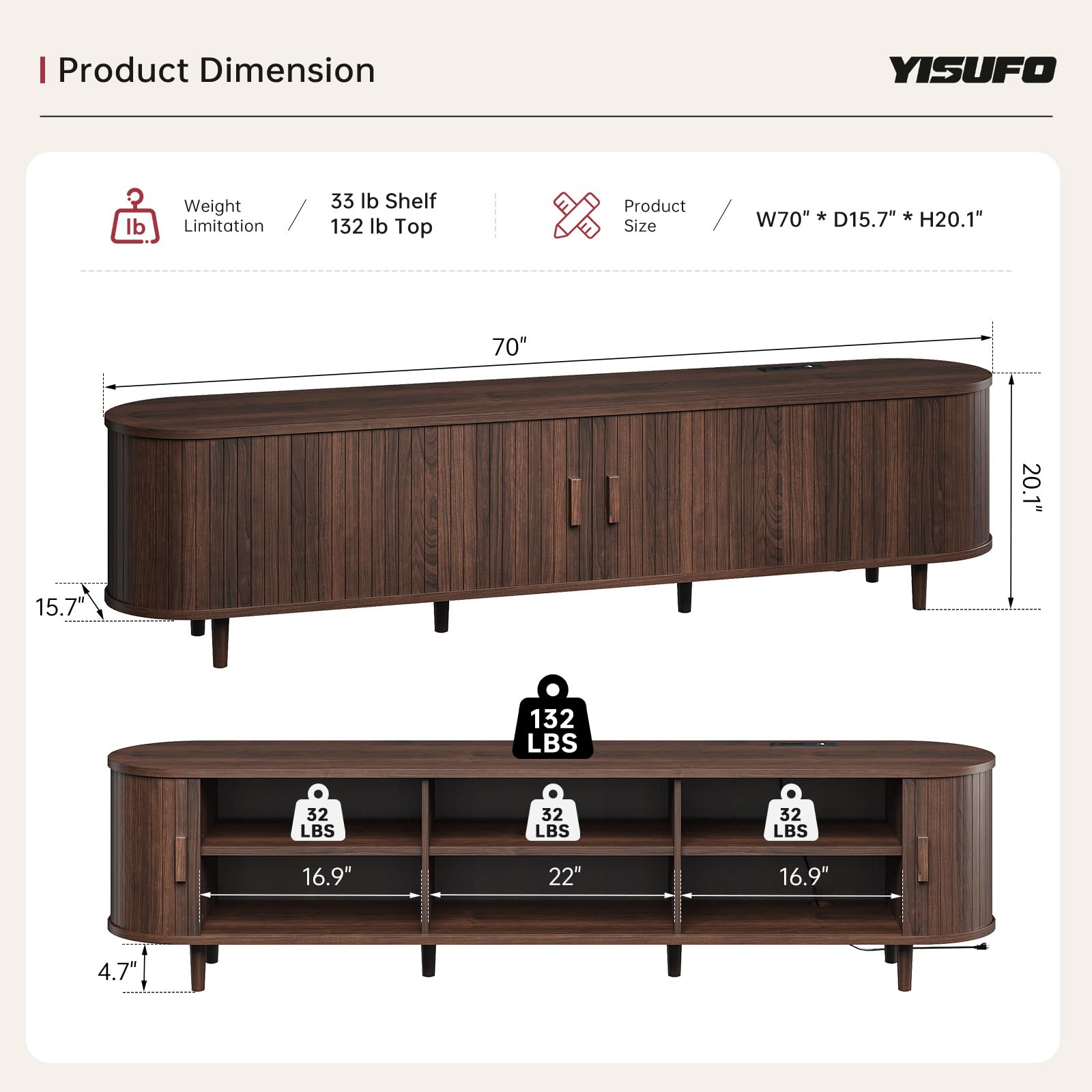70" Mid-Century Modern TV Stand with Sliding Doors