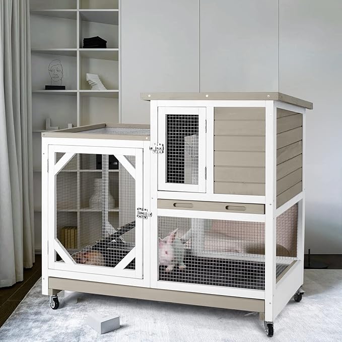 Large Rabbit Hutch with Removable Wire Netting, 2 Deep Trays, 4 Wheels, Sliding Door