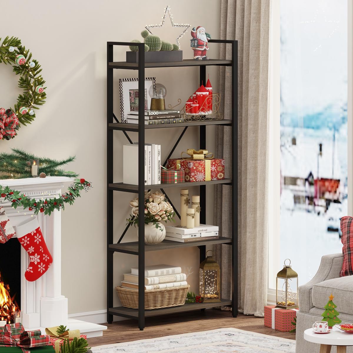 5 Tier Industrial Bookshelf, Rustic Etagere Bookcase for Display, Vintage Shelving Unit