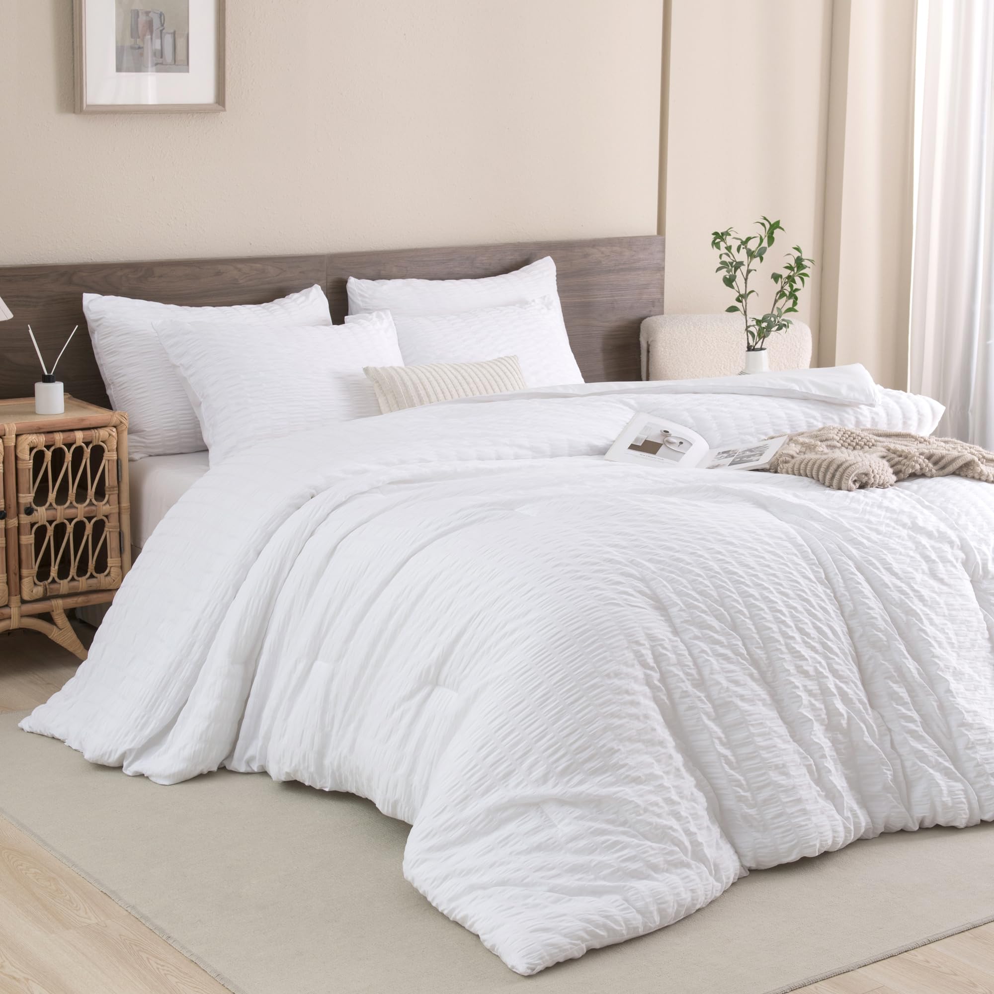 King Size Comforter Set White, 3 Pieces Seersucker Bedding Comforter Sets
