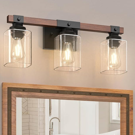 4-Light Bathroom Vanity Light Fixtures, Rustic Industrial Painted Wood Vanity Lights