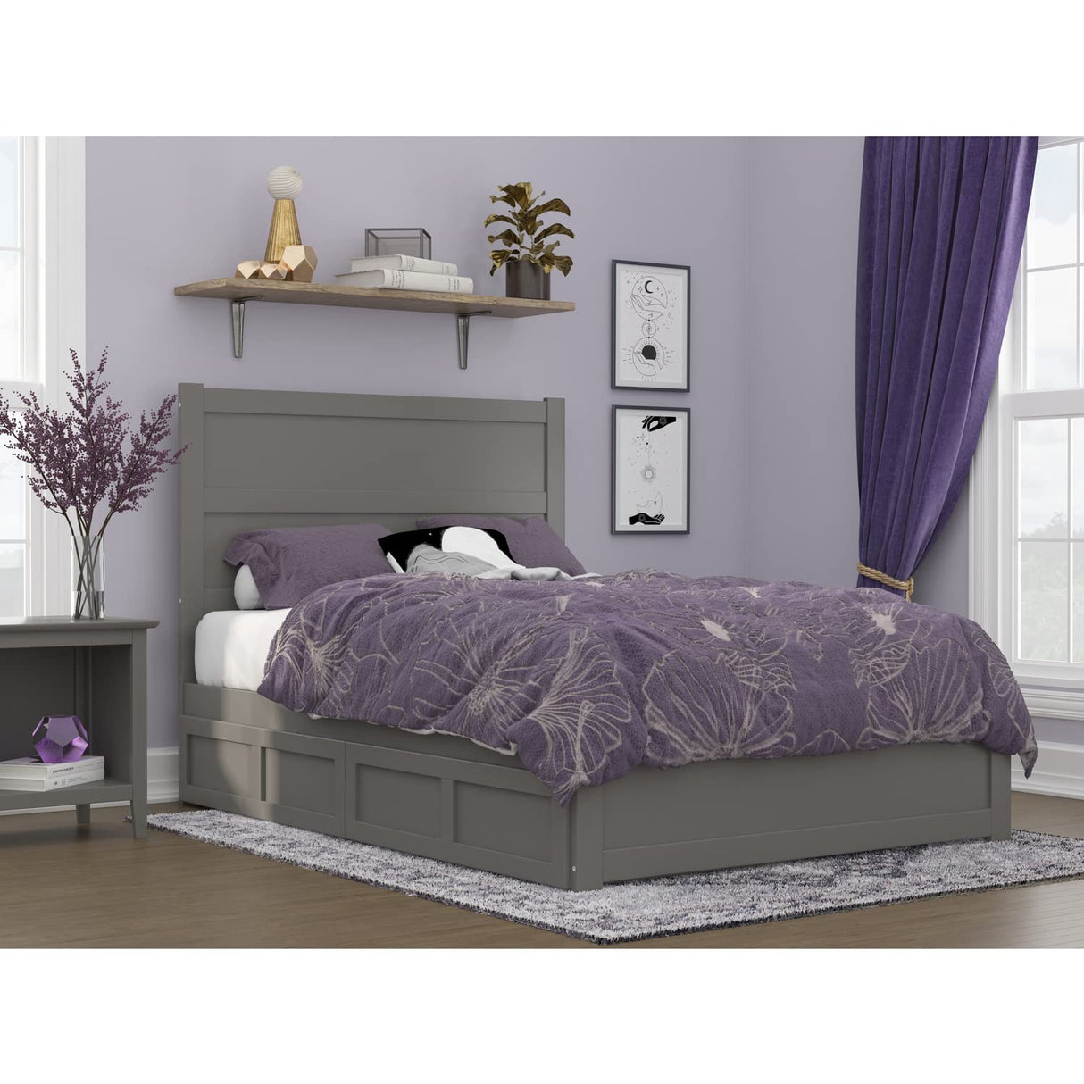 NoHo Full Size Platform Bed with Footboard & Storage Drawers in Grey