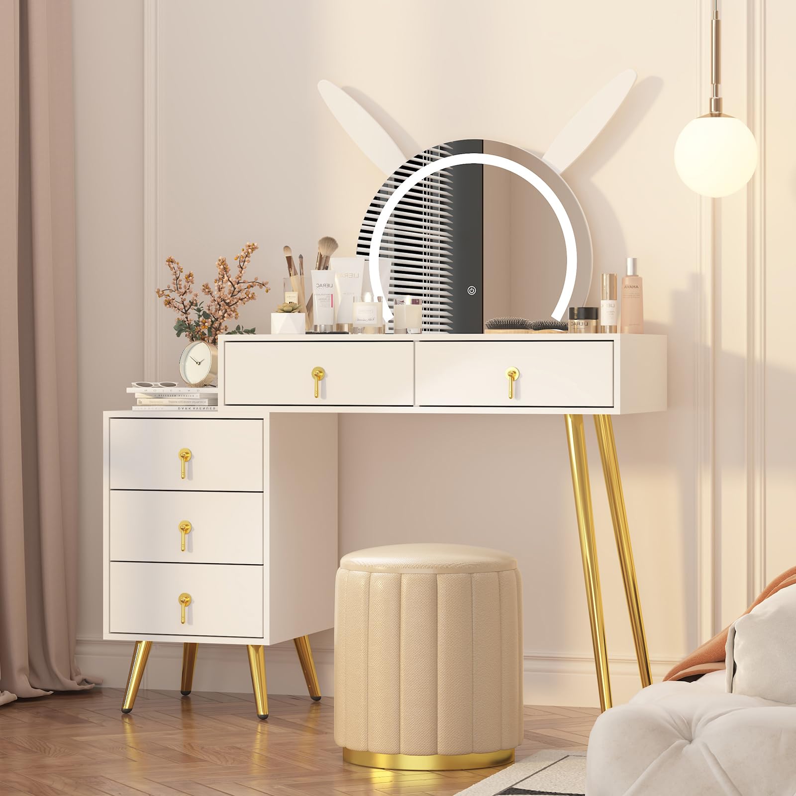 Vanity Desk with Mirror and Lights,Makeup Table with 5 Drawers and Led Lighted