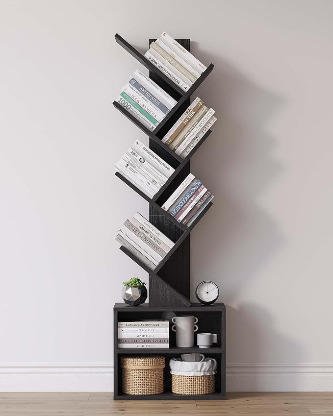 6 Tier Tree Bookshelf, Small Bookcase with Storage Cabinet, Modern Narrow Bookshelves