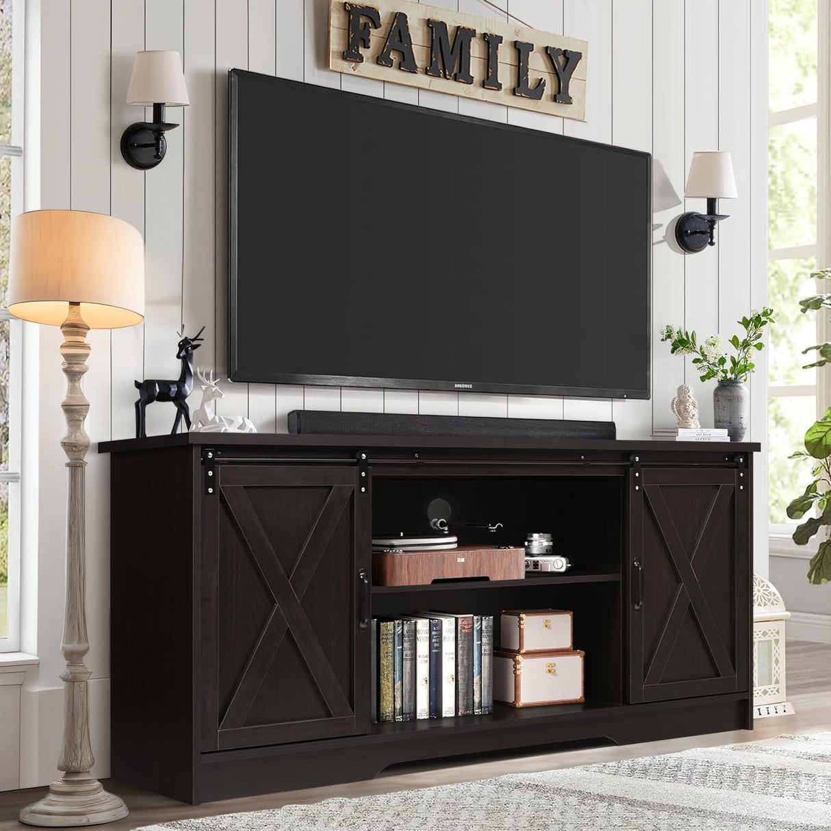 TV Stand for 65 Inch TV, Entertainment Center with Sliding Barn Door, Adjustable Storage