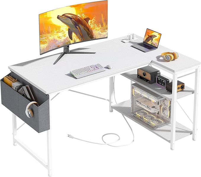 47" Computer Desk with Power Outlets,L Shaped Desk with Storage Shelves