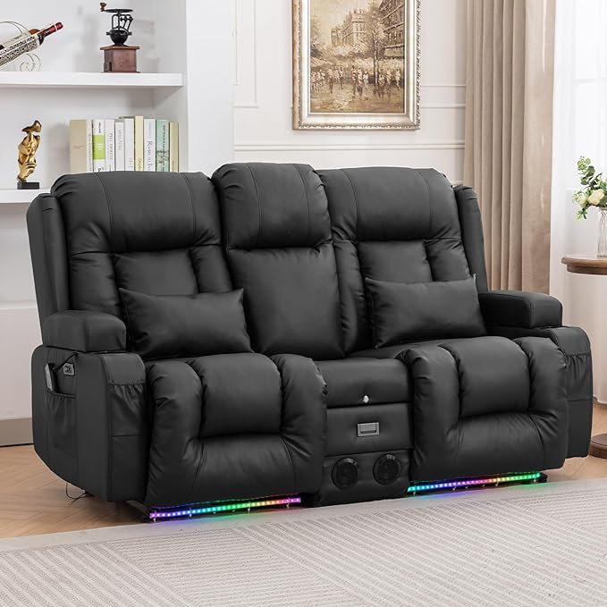 Home Theater Seating, Faux Leather Power Recliner Chair with Massage& Heat