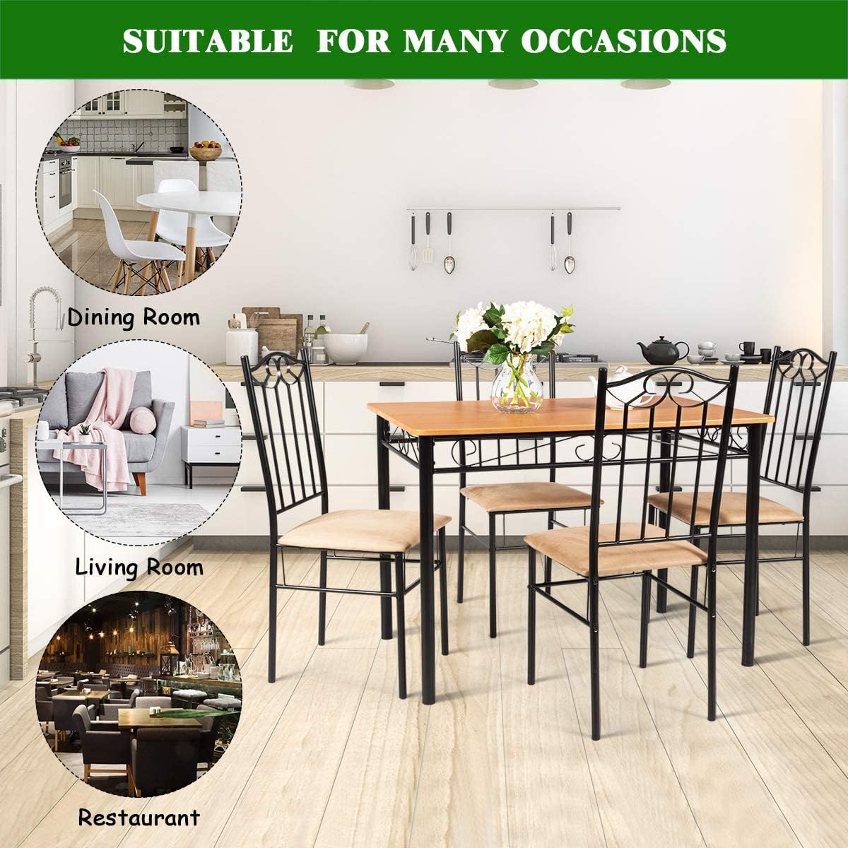 5-Piece Dining Table Set, Rectangular Dining Table with 4 Cushioned Chairs