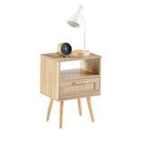 Rattan End Table with Drawer and Wood Legs, Modern nightstand, Side Table Brown