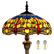 Tiffany Floor Lamp Blue Yellow Dragonfly Stained Glass 64 Inch