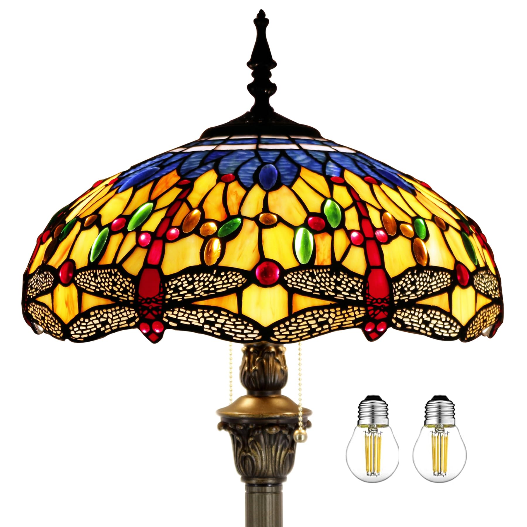 Tiffany Floor Lamp Blue Yellow Dragonfly Stained Glass 64 Inch