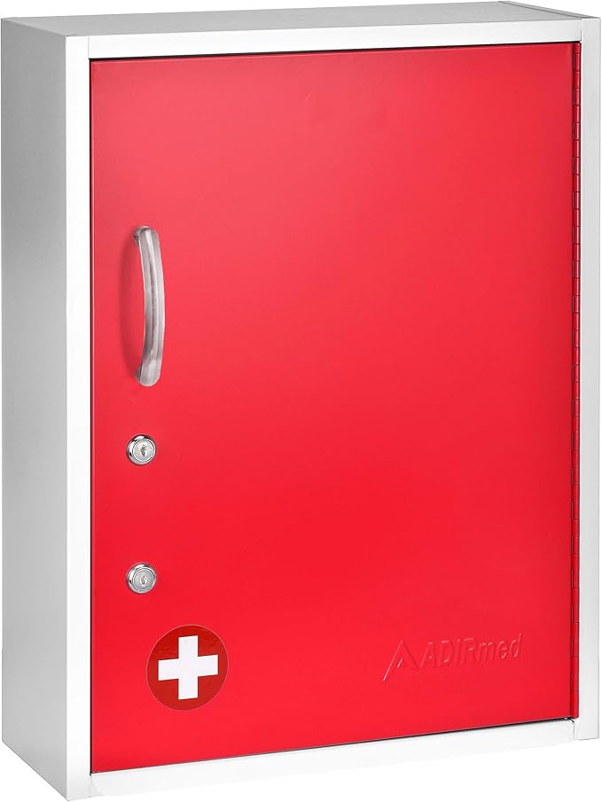 White Locking Medication Cabinet with Document Pocket, Metal Wall Mounted