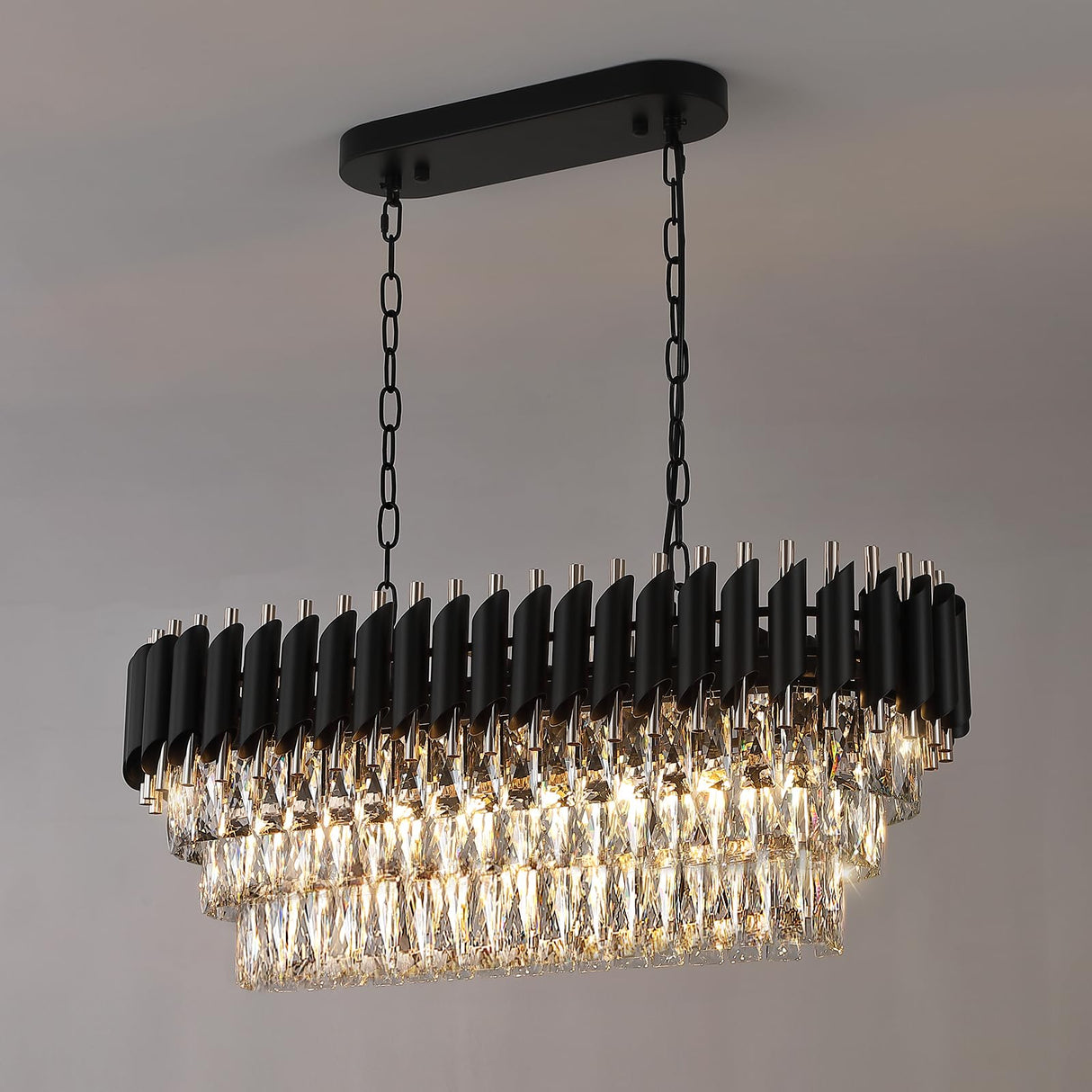 Modern Rectangular Chandelier Black and Gold Crystal Chandeliers for Dining Room