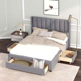 Upholstered Platform Bed with a Large Drawer in Footboard and 2 Drawer on Side,