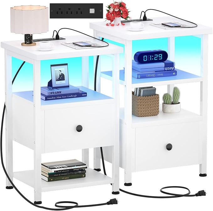 Nightstands Set of 2, 3-Tier Nightstand with LED Lights, 26.8'' Charging Station and USB