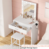 Vanity Desk with Mirror and Lights, White Vanity Table and Chair Set, Brightness Adjustable,