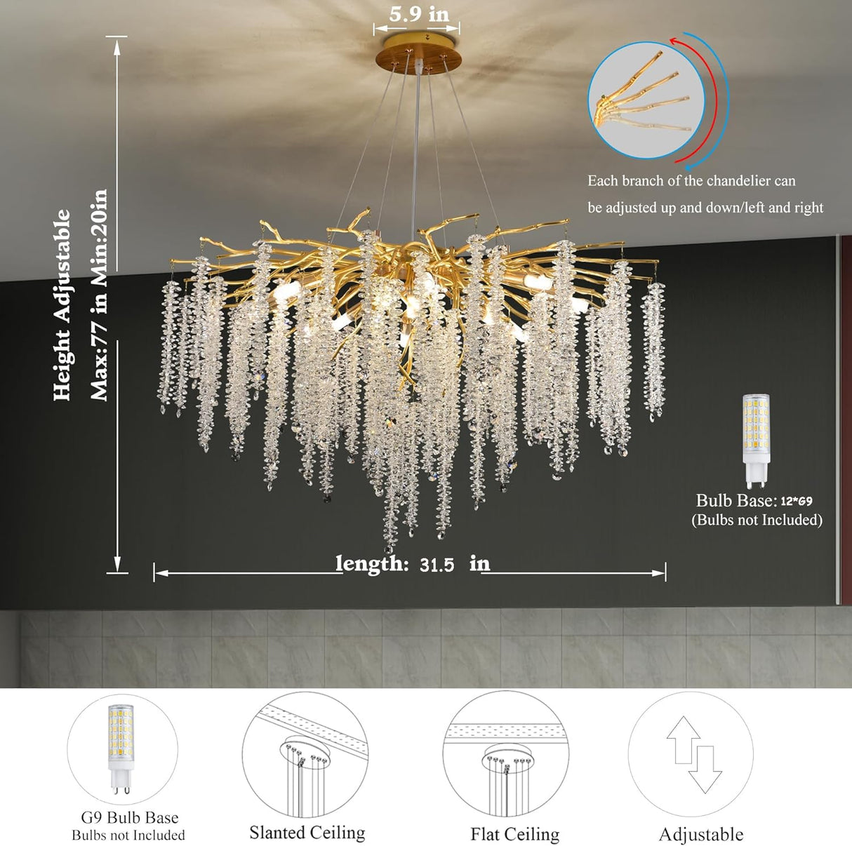 Crystal Tree Branches Chandeliers Gold Luxury Round Raindrop Pendant Light 12 Lights