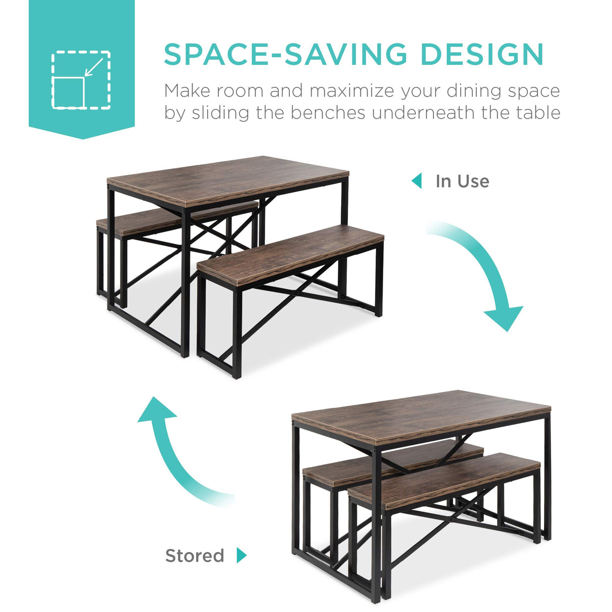 Best Choice Products 45.5in 3-Piece Bench Style Dining Furniture Set, 4-Person Space-Saving Dinette for Kitchen, Dining Room w/ 2 Benches, Table - Brown/Black