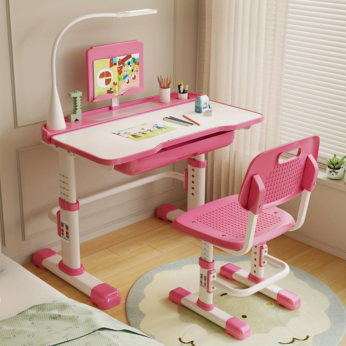 Kids Desk and Chair Set, Height Adjustable Children Bedroom Study Desk with Tilt Desktop