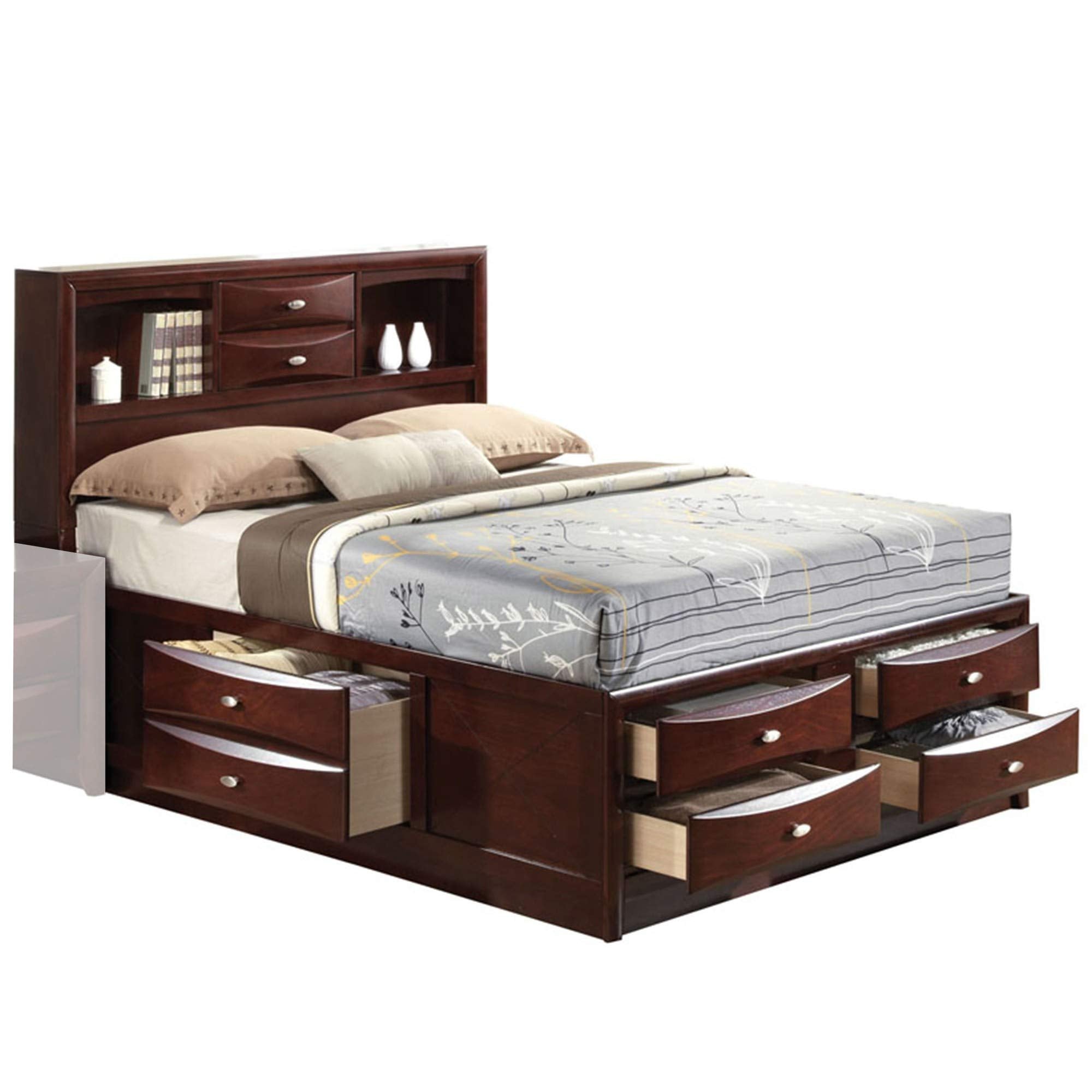 Benjara Panel Design Queen Size Bed with Bookcase and Drawers, Brown