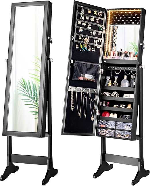 LED Full Length Mirror Jewelry Cabinet with Storage - 60 Inch Standing Armoire