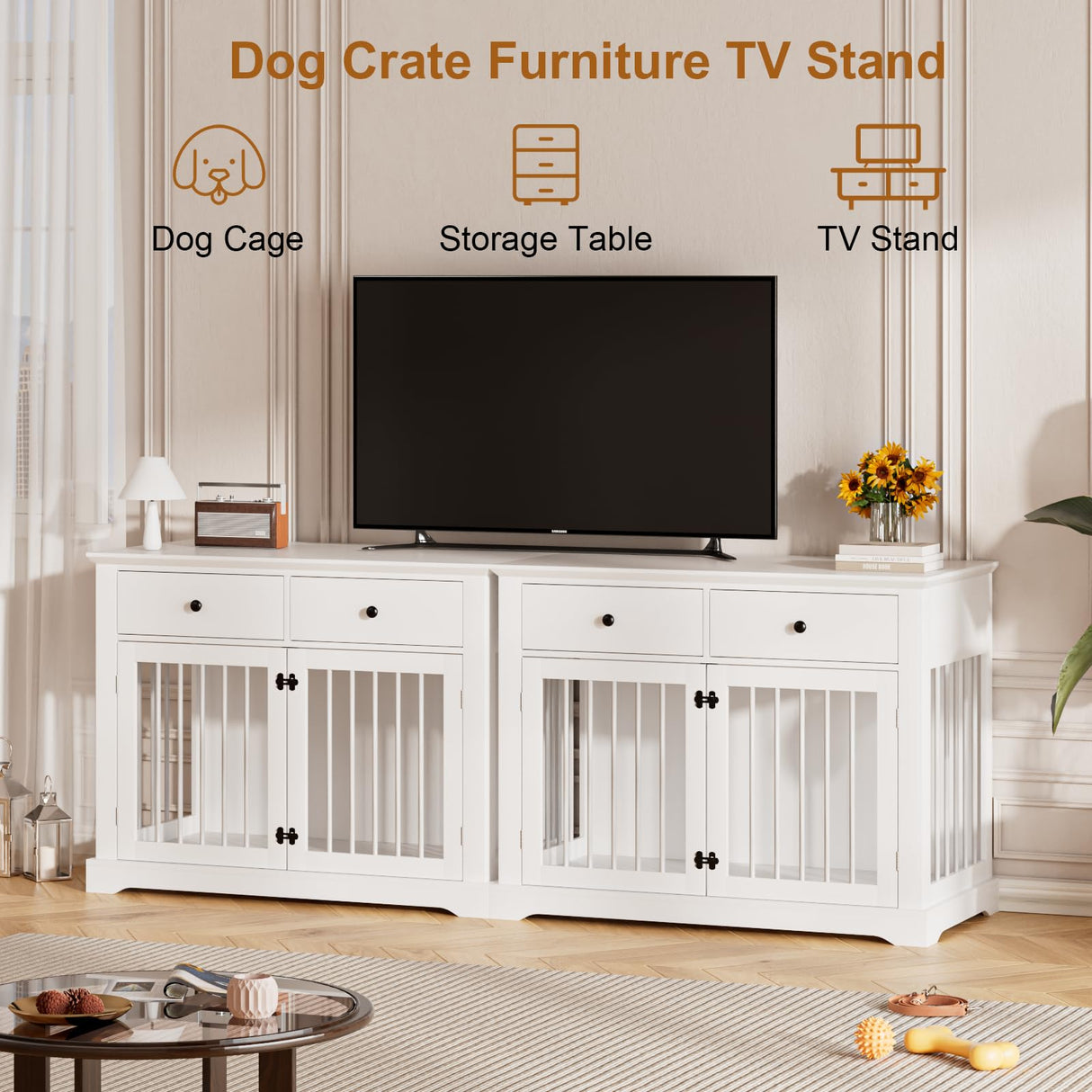 44" Large Dog Crate Furniture with Drawers - White Wooden Kennel End Table