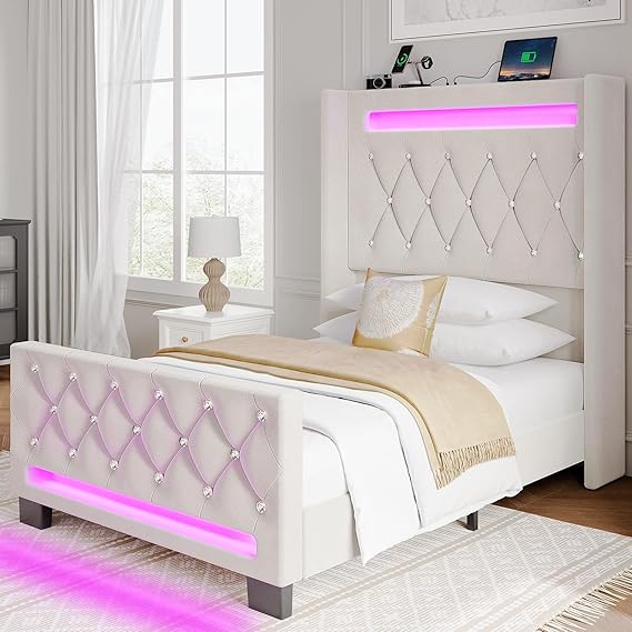 Full Bed Frame with LED Lights and Charging Station