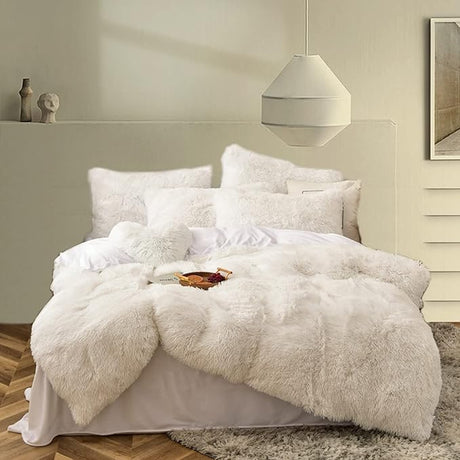 Fluffy Comforter Duvet Cover Set, 5 Pcs Bedding Sets Faux Fur Plush Velvet Shaggy Ultra