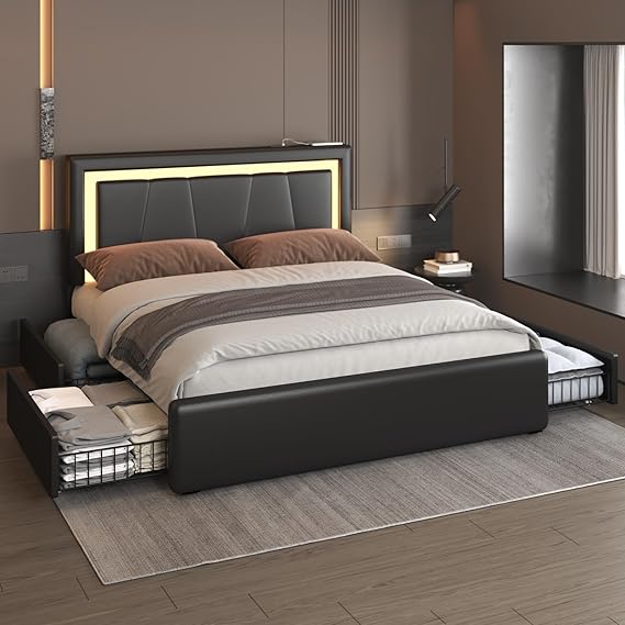 Queen Platform Bed with Storage Drawers and LED Lighting