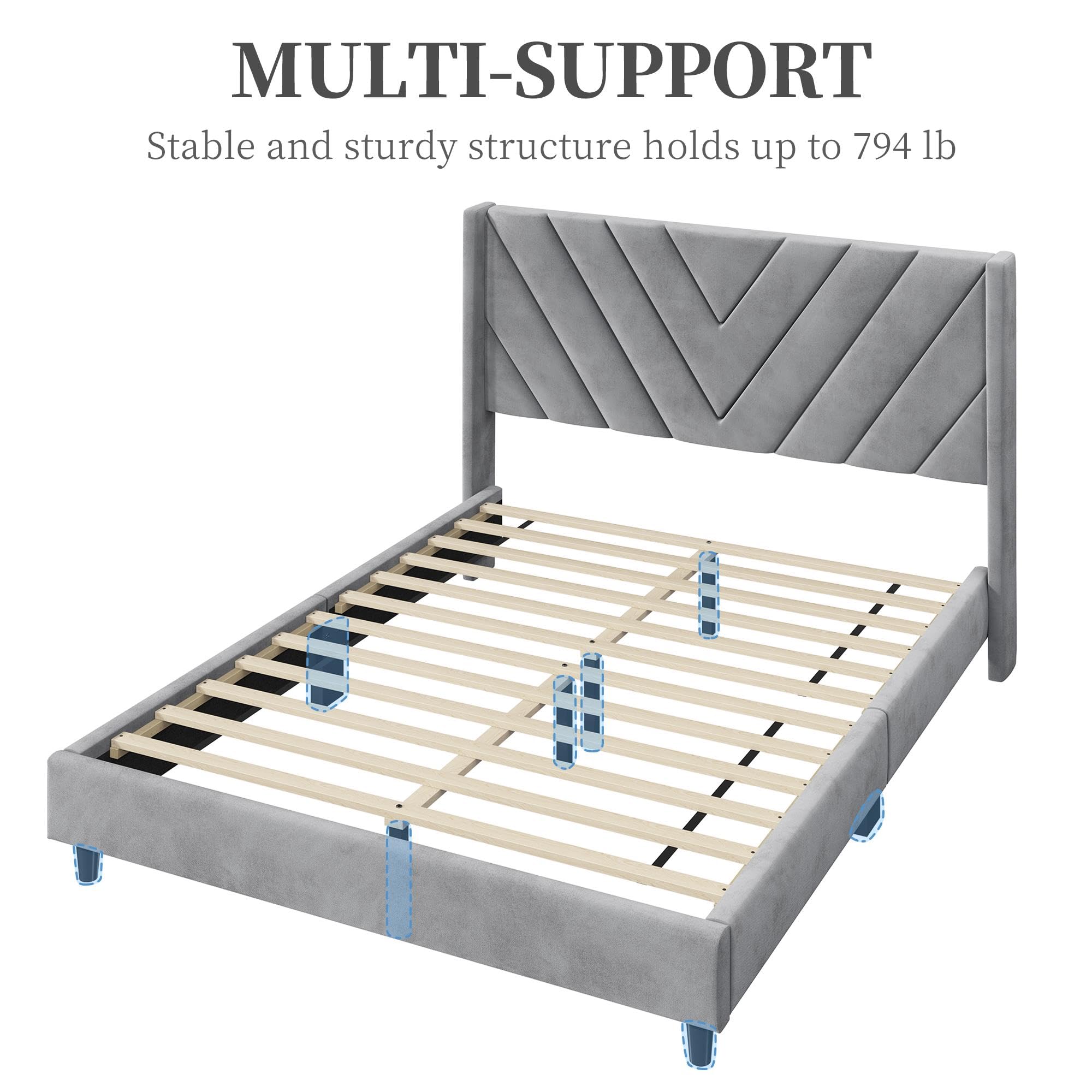 Queen Bed Frame Upholstered Platform Bed with Wing Side/Wooden Slat Support/Tufted