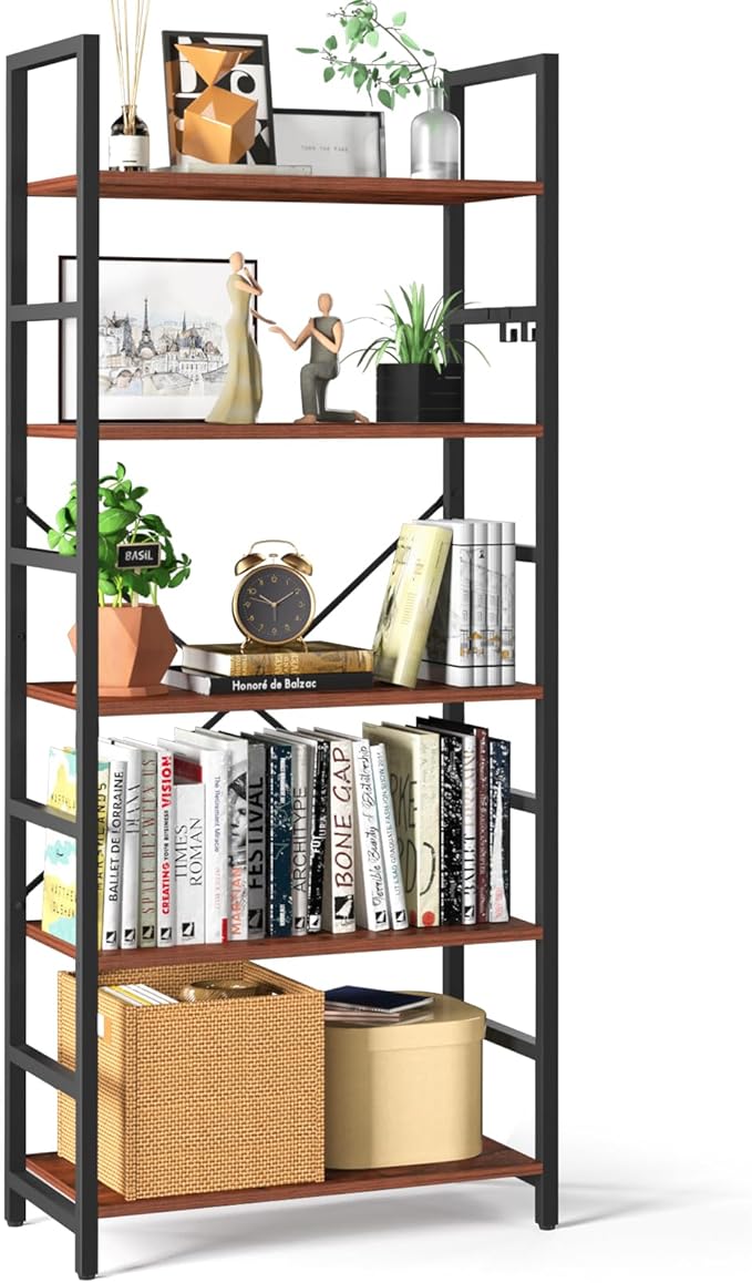 5 Tier Bookshelf - Tall Book Shelf Modern Bookcase for CDs/Movies/Books, Rustic Book