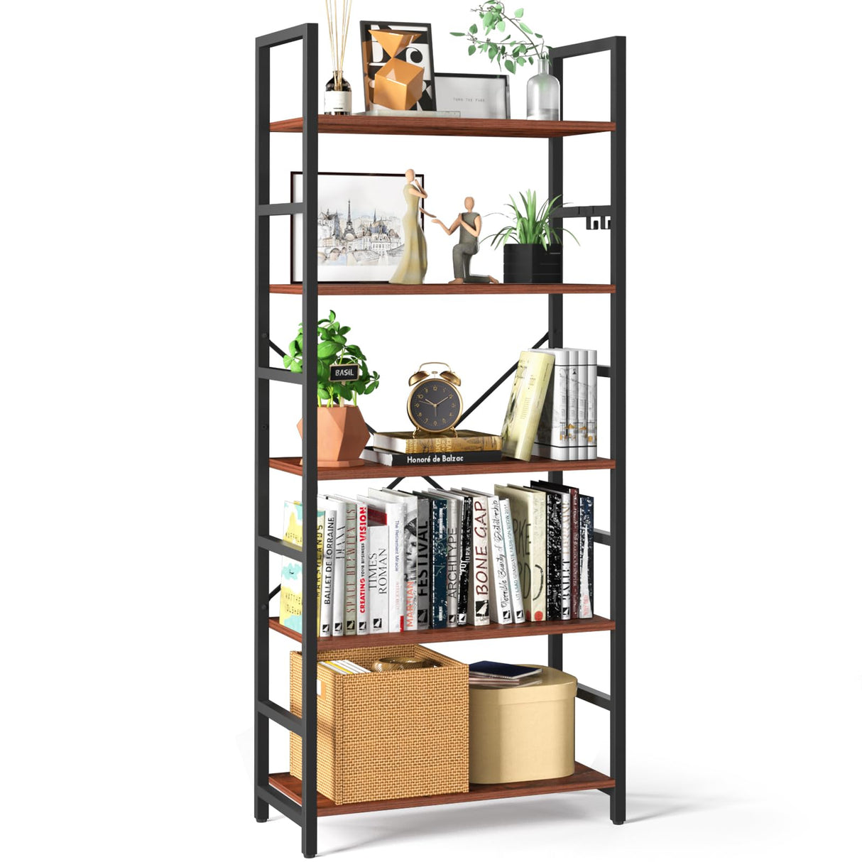 5 Tier Bookshelf - Tall Book Shelf Modern Bookcase for CDs/Movies/Books, Rustic Book