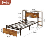 Maupvit Twin Bed Frame with 3-Tier Storage Shelves, Storage Drawer and Headboard, Twin Size Bed with Charging Station & LED Lights, Metal Platform Bed with Storage, No Box Spring Needed, Brown