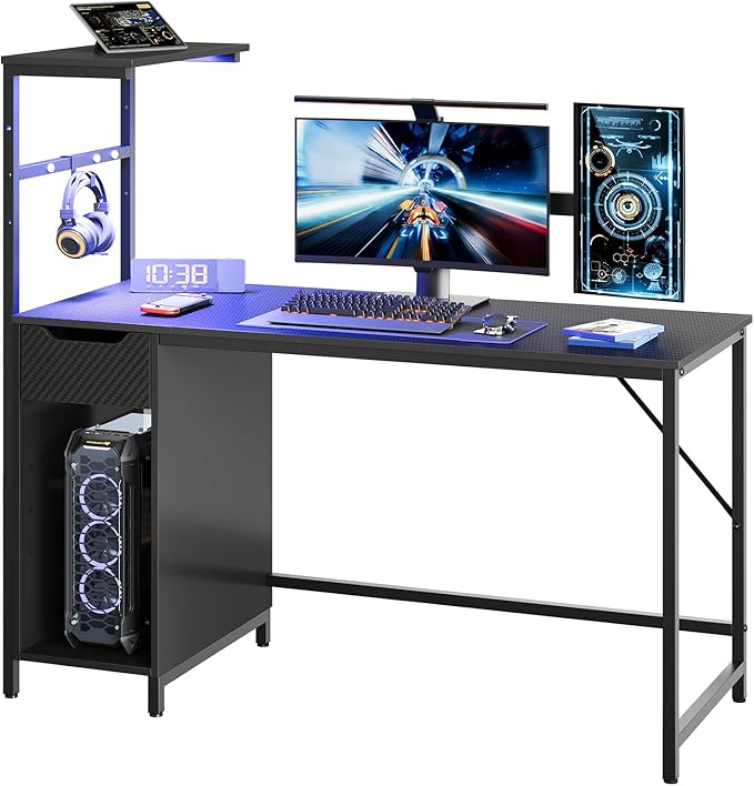 Gaming Desk with Drawer and LED Lights, 48 inch Computer Desk PC Table