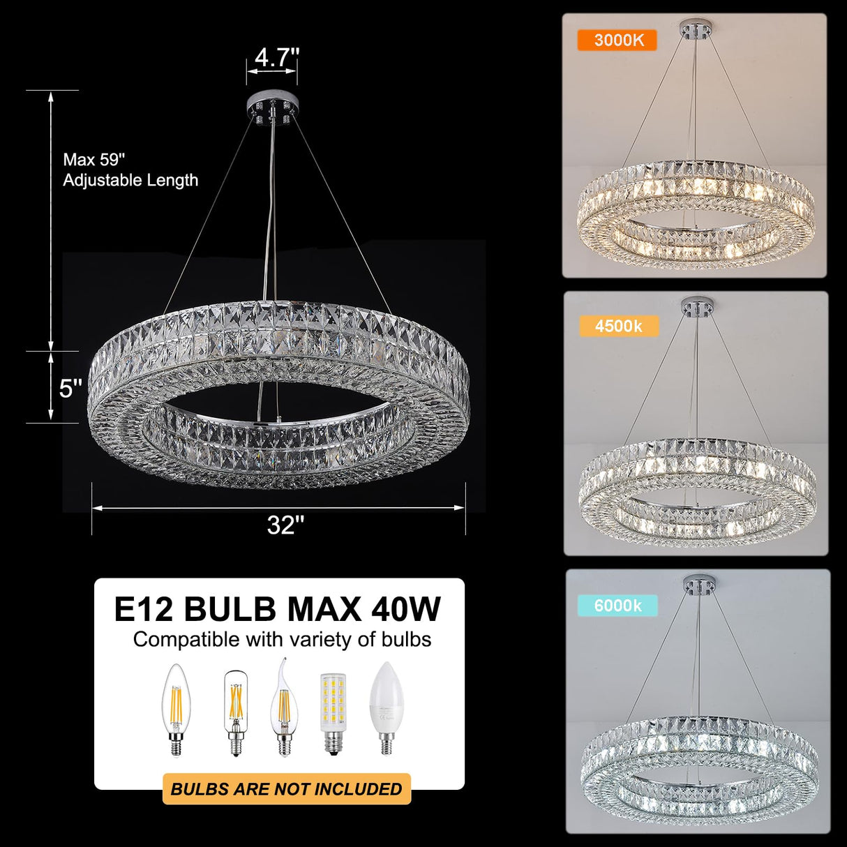 12-Lights Ring Crystal Chandelier, Modern Chandeliers Lighting and Hanging Ring Adjustable