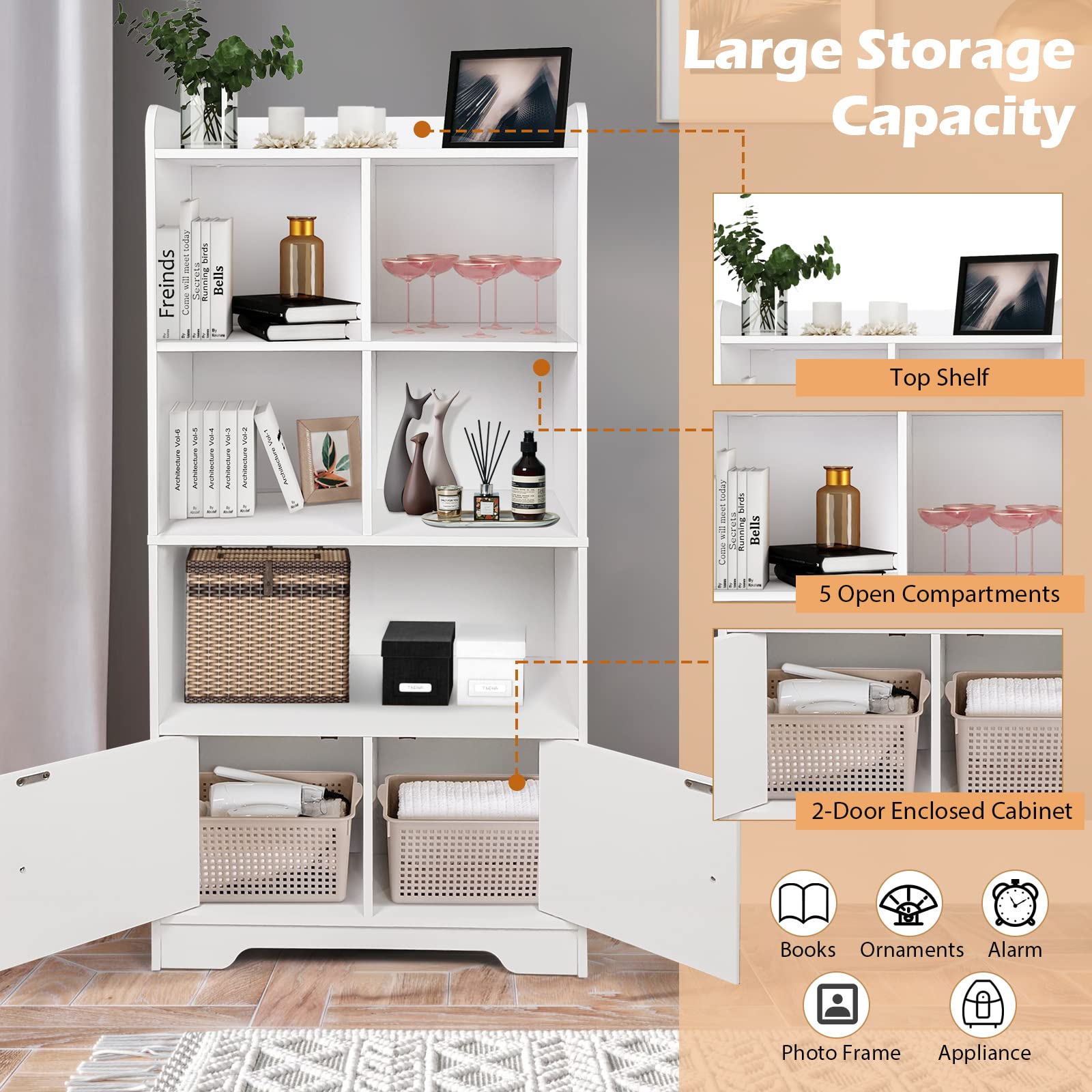4-Tier Bookcase with Doors, 47.5" Tall Freestanding White Bookshelf with 3 Shelves