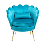 Azure Blue Velvet Chair with Lumbar Pillow for Bedroom, Accent Chair Mid Century Modern Vanity Chair for Living Room, Fabric Upholstered Arm Chair Guest Chair with Golden Metal Legs