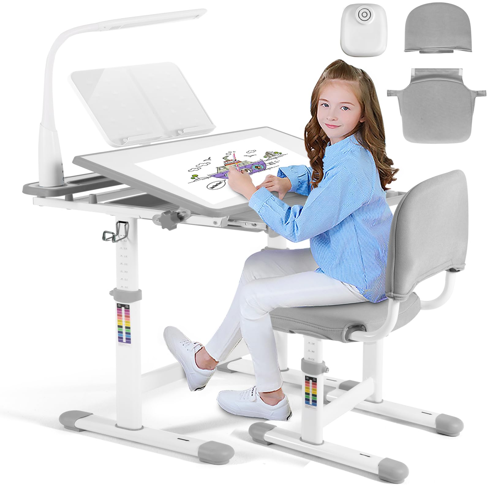 Kids Study Desk and Chair Set Height Adjustable Children School Girl Table Large Writing Board Desk