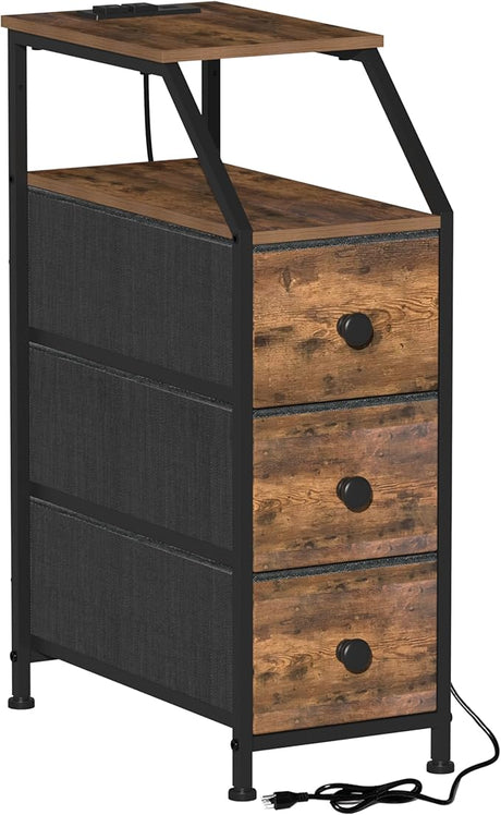 Dresser Tall Skinny Storage Tower Vertical Slim Chest of Drawers with Charging Station Small Nightstand Side Table for Bedroom, Bathroom, Small Spaces (Rustic Brown, 4 Drawers)